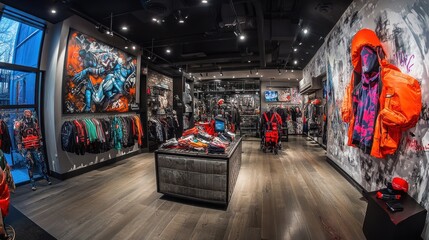 Fototapeta premium Modern retail store interior with apparel displays, artwork, and hardwood floors.