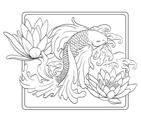 Vector coloring page with koi fish and lotus flower. Antistress coloring book for adult, for meditation and relax. Black and white pattern on a white background. Adult anti stress coloring book page