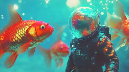 A mesmerizing scene of an astronaut surrounded by colorful goldfish, showcasing the beauty of the ocean depths.