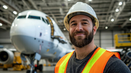 confident aviation engineer wearing hard hat and safety vest, smiling in front of airplane
