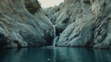 Serene waterfall cascading into a tranquil mountain pool, nestled between towering grey cliffs.