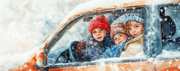 Cozy children bundled up in car during snowy winter day, enjoying view outside. Their colorful hats add cheerful touch to winter scene