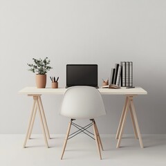 Minimalist home office workspace with laptop, plant, and chair.