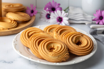 Sweet and tasty round butter cookies. Round ring shaped German spritz biscuits