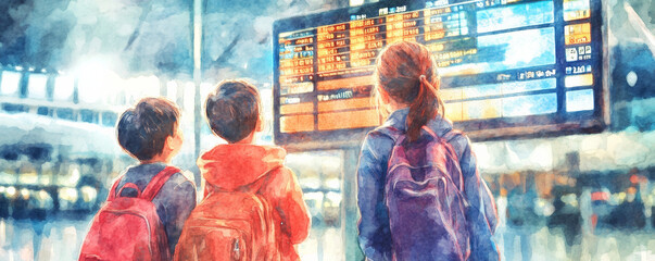 Children looking at flight information board in airport, excited and curious about their journey ahead. vibrant atmosphere captures anticipation of travel