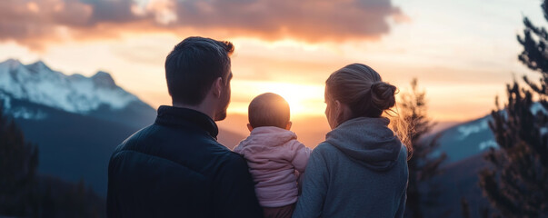 Parents holding their baby close, gazing at beautiful sunset over mountains, creating warm family moment filled with love and connection