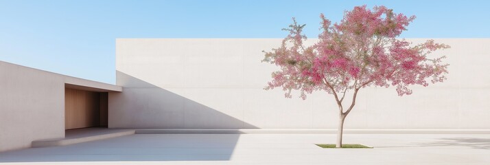 A beautiful pink tree stands in front of a white building. The tree is the focal point of the scene, drawing attention to its vibrant color and graceful form