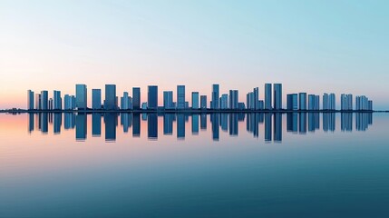 Fototapeta premium Minimal symmetry concept. Stunning skyline reflection on calm water at dusk with modern skyscrapers and vibrant colors.