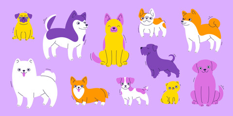 Cartoon breeds dogs set. Vector colorful puppies collection. Funny dogs bundle.