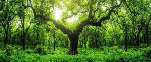 Fototapeta premium Majestic ancient tree in lush green forest with sunlight streaming through canopy.
