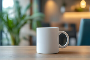 Minimalist white coffee mug placed on wooden table with soft blurred background in modern cozy cafe interior. Generative AI