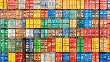 Colorful stacked cargo containers at a port.