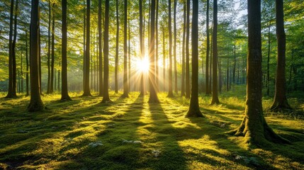 Fototapeta premium Sun rays illuminate a lush forest with moss-covered ground at sunrise.