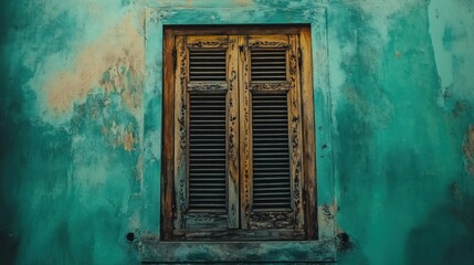 Weathered wooden window shutters on a teal wall.