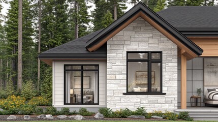 Modern home exterior with black-framed windows, stone cladding, and wood accents.