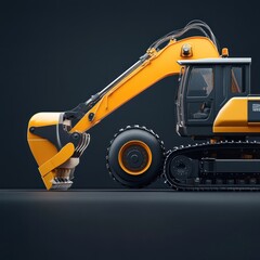 Fototapeta premium Yellow excavator on dark background, side view, powerful machine.
