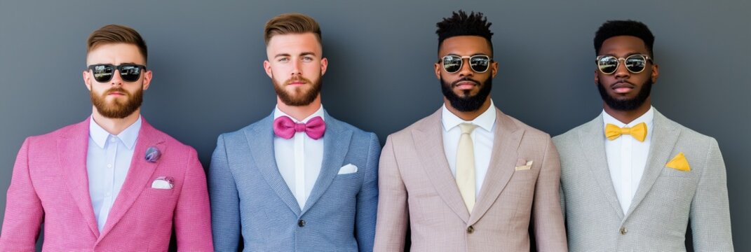 Four men in suits and ties are standing next to each other. They are all wearing different colored suits and ties, and they are all wearing sunglasses. Concept of style and sophistication
