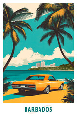 Barbados illustrated poster in retro style. Vintage caribbean travel booklet, brochure, postcard, print, cover with ocean, coastline, resort