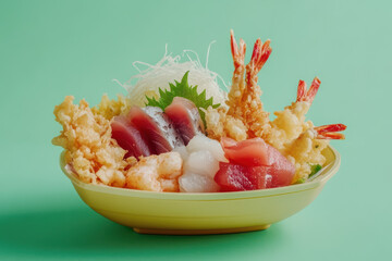 Delicious seafood assortment in a bowl.  Fresh fish, tempura shrimp, and crispy fried batter create a vibrant and tempting dish.