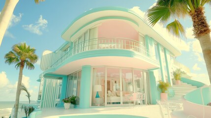 Pastel-colored beachfront house with palm trees and ocean view.
