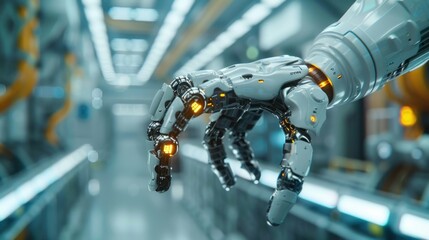 Robotic Hand Reaching Out in Futuristic Factory