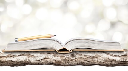 Open book with pencil on rustic wood, bokeh background.