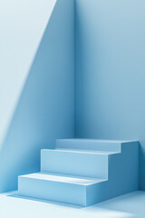 Minimalist three-step platform against a light blue wall. Perfect for product display or presentation. Clean, modern, and elegant.