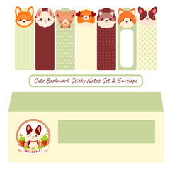 Cute Bookmark Sticky Notes Set and Envelope. Kawaii Adhesive Tags collection for children. Cartoon sticky note element with dog. Perfect for reminders, planning and nursery organization. Vector EPS8