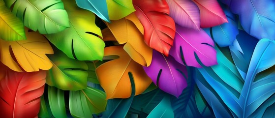 Vibrant Flat Illustration of Tropical Leaves and Geometric Patterns in Bright Colors