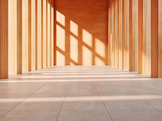 Sunlight streams through wooden pillars in spacious interior designed for tranquility and reflection
