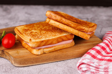Gourmet Cheese and Ham Sandwiches with Tomatoes on a Stylish Concrete Table