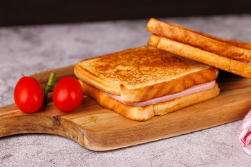 Rustic Cheese and Ham Sandwiches with Juicy Tomatoes on a Concrete Table