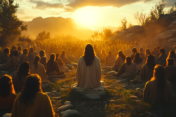 Obraz premium Jesus standing on a mountaintop, speaking to a crowd, illuminated by soft dawn light. A scene of peace and spirituality