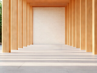 Fototapeta premium Minimalist interior with wooden pillars and sunlight casting shadows in open, serene space