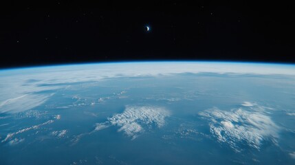 Earth's atmosphere, clouds, and crescent moon viewed from space.