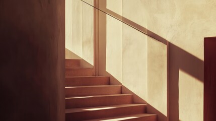 Sunlit wooden stairs and glass railing in minimalist interior.
