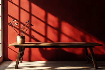 Wooden table with plant against a red wall in sunlight