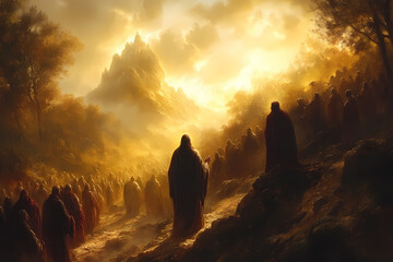 Jesus standing on a mountaintop, speaking to a crowd, illuminated by soft dawn light. A scene of peace and spirituality