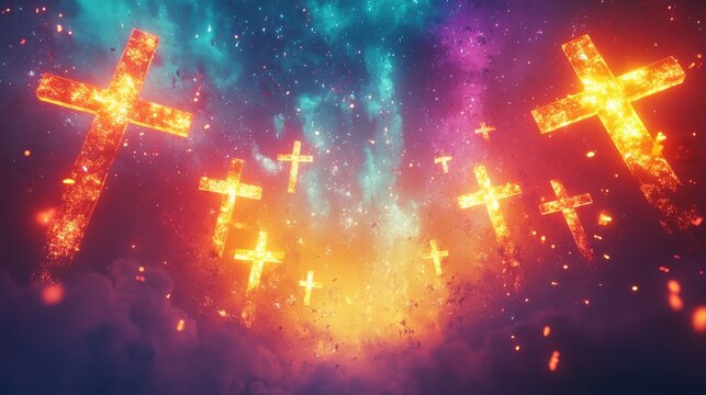 Burning crosses ascending to heaven in colorful galaxy background