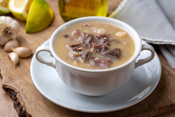 Traditional delicious Turkish food, Turkish traditional tripe soup; iskembe corbasi and offal soup,...