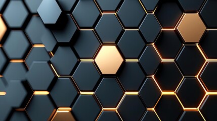 Minimal symmetry concept. A modern hexagonal pattern with black and gold tones for creative backgrounds.