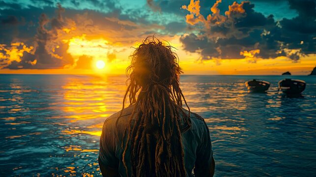 Sunset Serenity: A Man Contemplates the Ocean's Golden Embrace at the End of a Day
