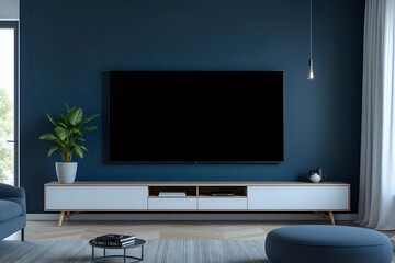 Fototapeta premium empty tv on dark blue contemporary living room interior with copy space