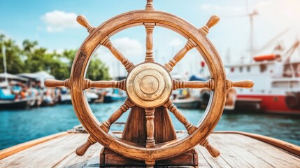 Close-up of a classic wooden ship's wheel on a boat in a marina.
