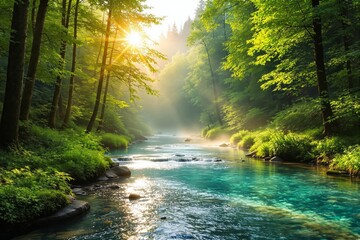 Fototapeta premium Scenic forest river with sunlight streaming through trees, lush greenery along the banks, clear turquoise water, tranquil atmosphere, nature concept. Ai generative