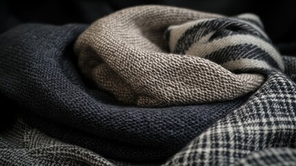 Fototapeta premium Close-up of softly folded dark gray and beige textured fabric.