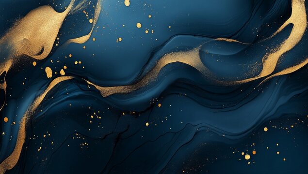 Abstract blue and gold fluid design with swirling patterns and glittering accents creating a luxurious background