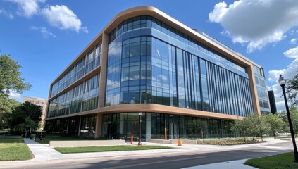 Fototapeta premium Blue Sky with Single Cloud, View of Glass and Steel Office Building Corner