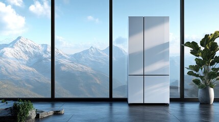 Modern white refrigerator in minimalist room with mountain view.