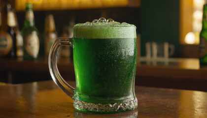 Close-up of green beer with condensation on festive bar counter